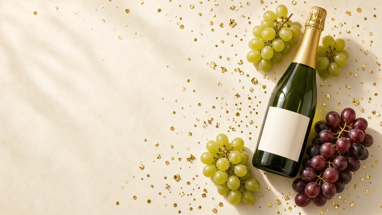 Uvas, confeti dorado y una botella de sidra