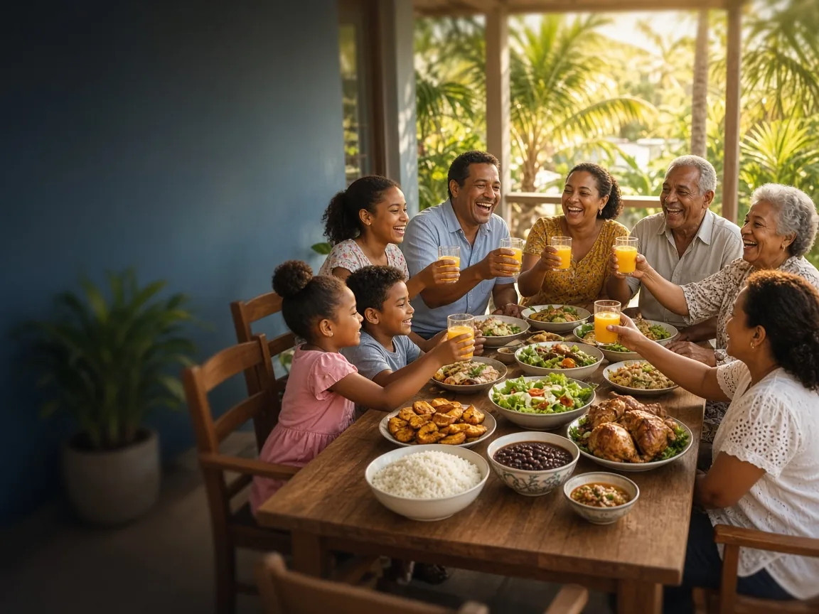 Familia dominicana sonriendo en la mesa con comida