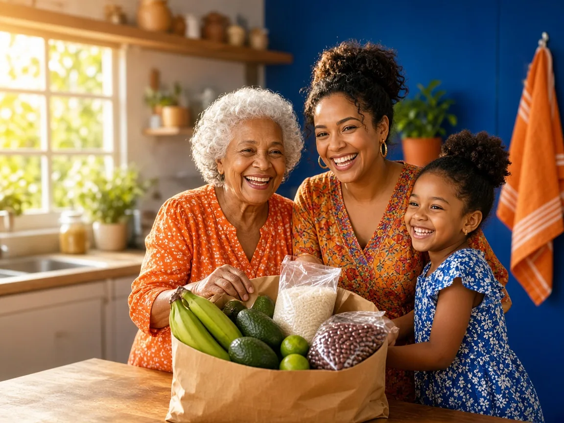 Familia dominicana en la cocina recibiendo la compra