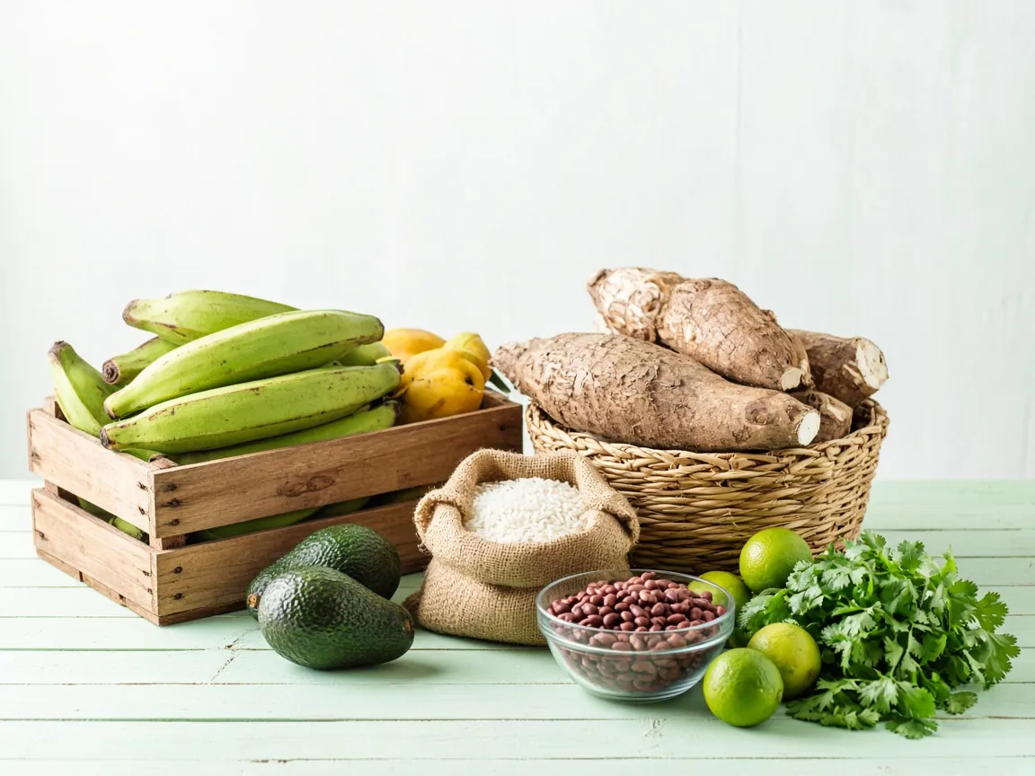 Plátanos, aguacates, yuca, arroz y limones sobre un mostrador claro
