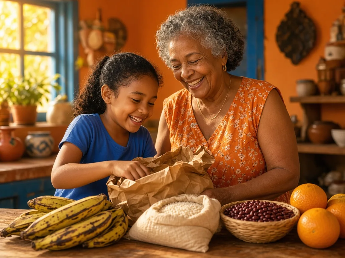 Familia recibiendo bolsas de comida en casa