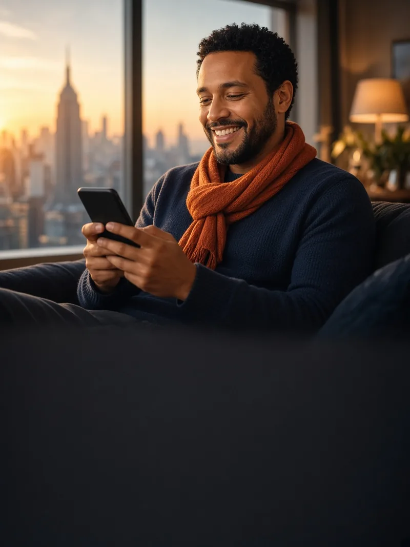 Hijo mirando el celular con una sonrisa